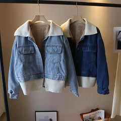 Denim Knit Splicing Thicken Overcoat Jeans Jacket