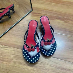 Polka Dot Cherry Embellished Kitten Heel Flip Flops