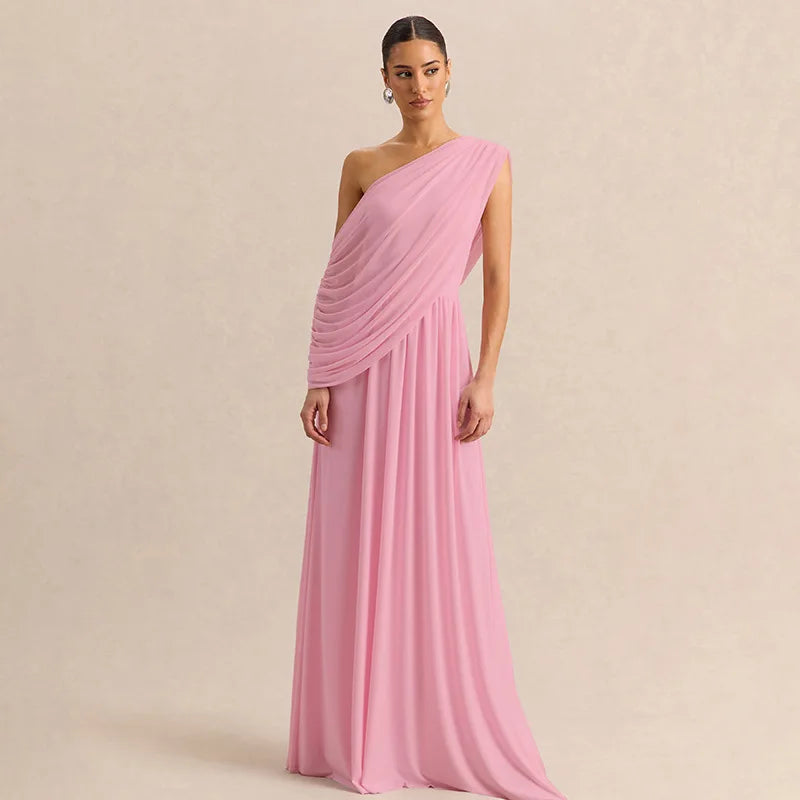 Pink one shoulder draped maxi dress