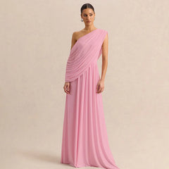 Pink one shoulder draped maxi dress