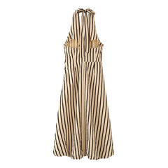 Striped halter neck midi dress worn by a model showing back