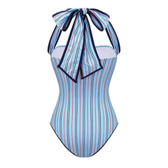 Blue Striped Bow One Piece Swimsuit and Cover-up