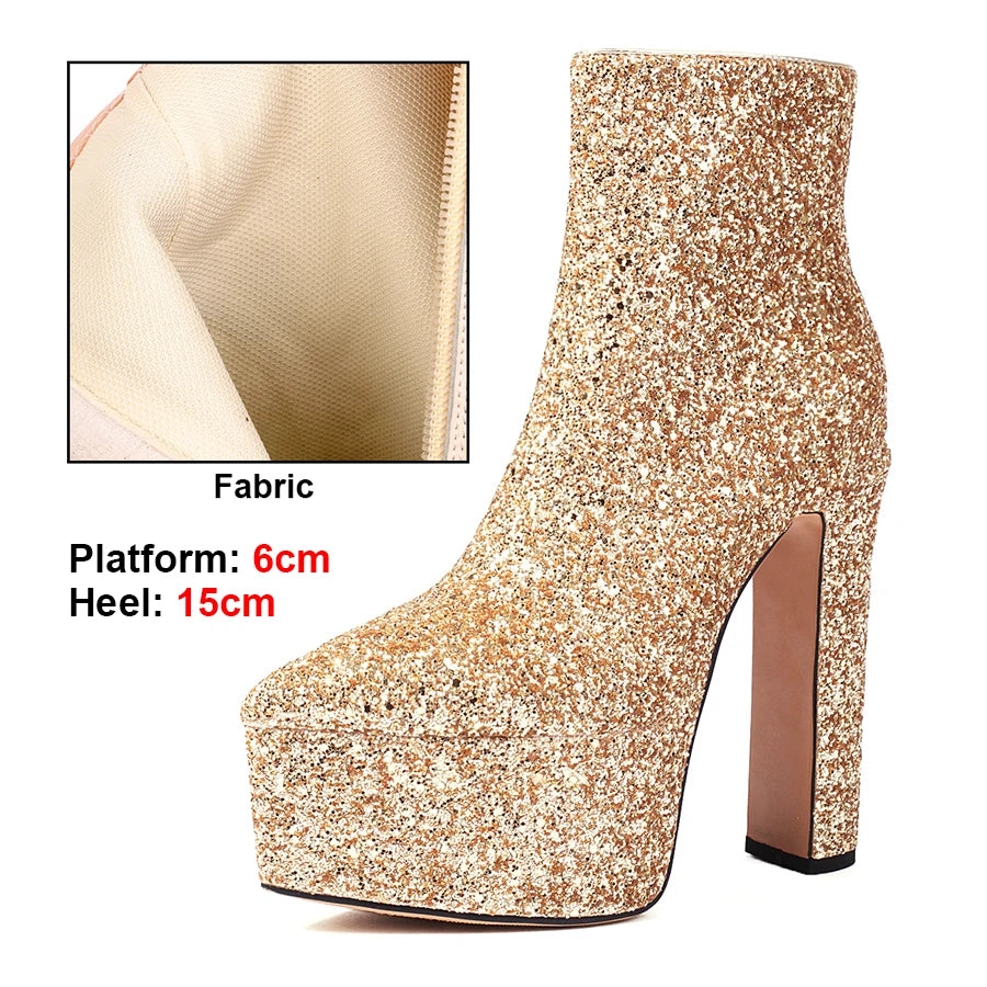 Gold glitter platform boot with detailed specifications on a white background