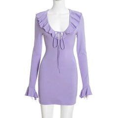 Ruffled Neck Long Sleeve Mini Dress
