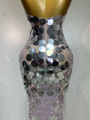Round Sequin Pearl Strapless Mesh Maxi Dress