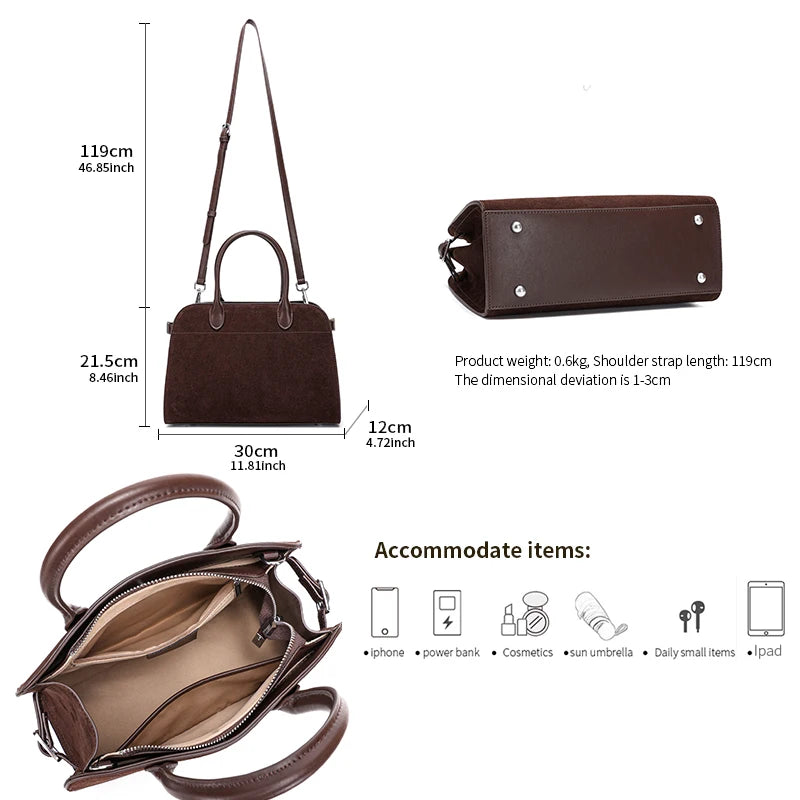 Brown handbag with measurements and product details on a white background
