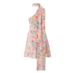 One-shoulder dress with colorful abstract pattern on a white background
