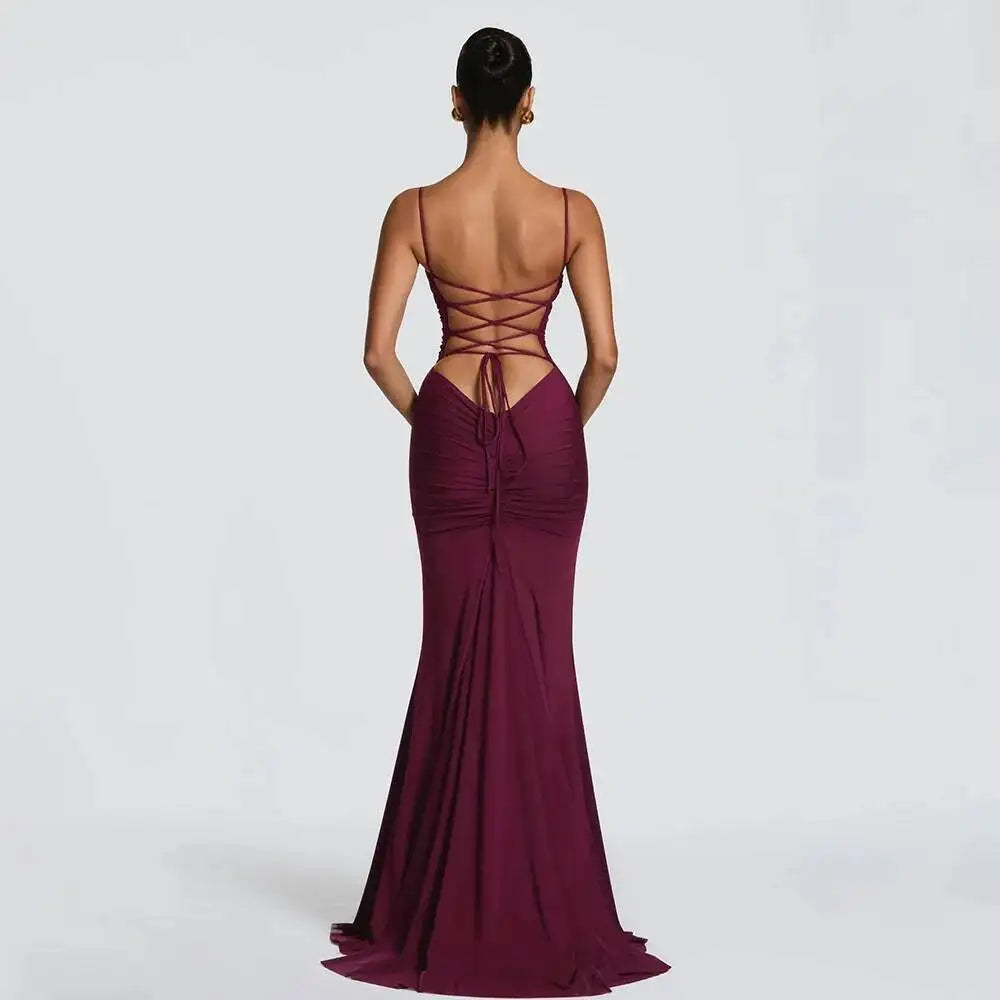 Back view of strappy ruched column maxi dress