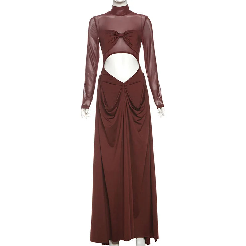 Maroon evening gown with sheer sleeves 
