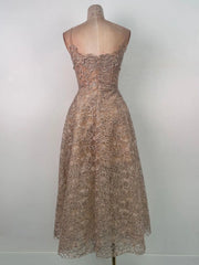Beige Embroidered Lace Sleeveless Midi Dress