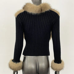faux fur and knit hybrid top ivory mocha