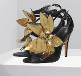 Handmade Leaves Floral Leather Buckle Stiletto Shoes