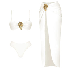 Halter Neck Plunge One-Piece Swimsuit and High-Slit Wrap Skirt Set
