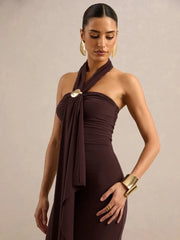 Draped halter maxi dress with metal buckle accent