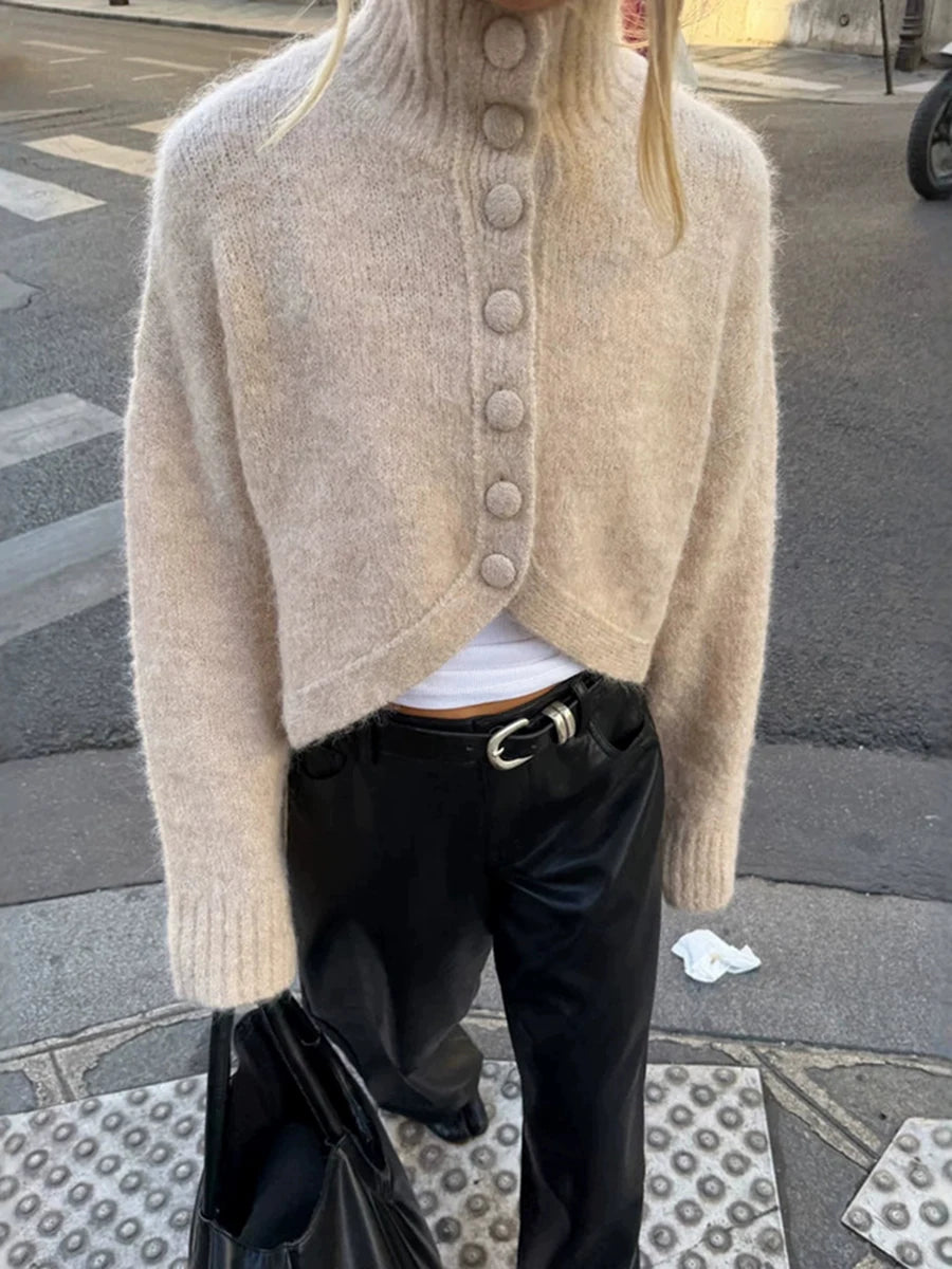 Turtleneck button knit cardigan in beige