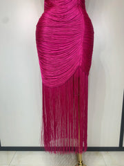 Ruched Spaghetti Strap Tassel Hem Midi Dress