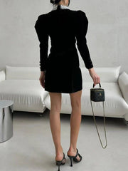 Velvet Pearl Beaded Puff Sleeve Mini Dress