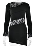 Patchwork Lace Long Sleeves Black Mini Dress
