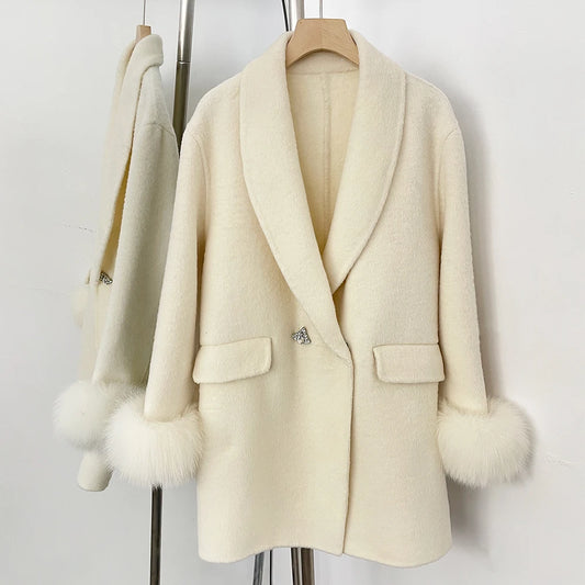 Oatmeal wool coat with real fur cuffs