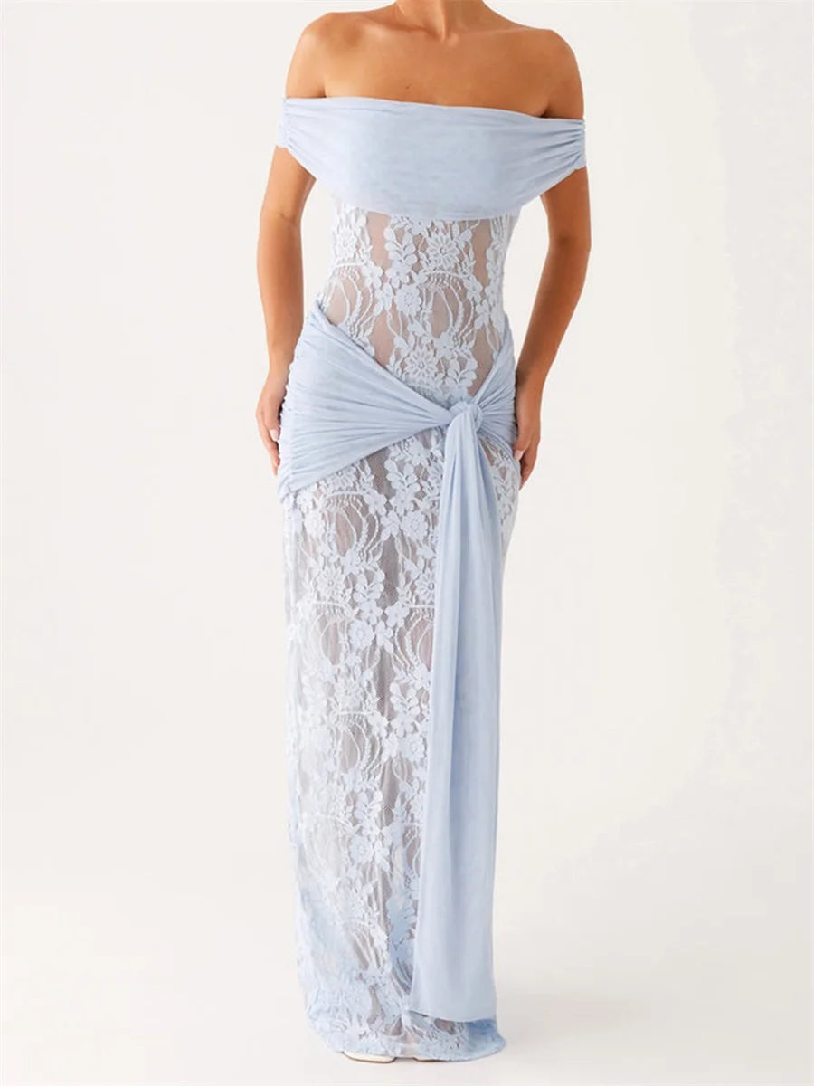 Light blue off-shoulder lace dress on a white background