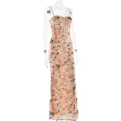 Floral Print Mesh Corset Maxi Dress