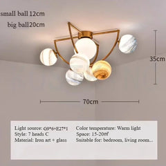 Ceiling light fixture with marble-like ball design and dimensions on a neutral background