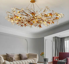 Luxurious gold chandelier in a modern living room setting