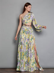 Floral Printed One Shoulder Cut Out Chain Maxi Dress