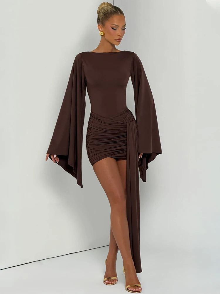 Coffee brown draped sleeve ruched mini dress