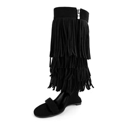 Black fringe wedge heel boots
