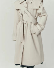 Removable Sailor Collar Big Pockets Belt Long Trench Coat