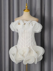White Lace Corset 3d Ruffle Hem Slash Neck Mini Dress