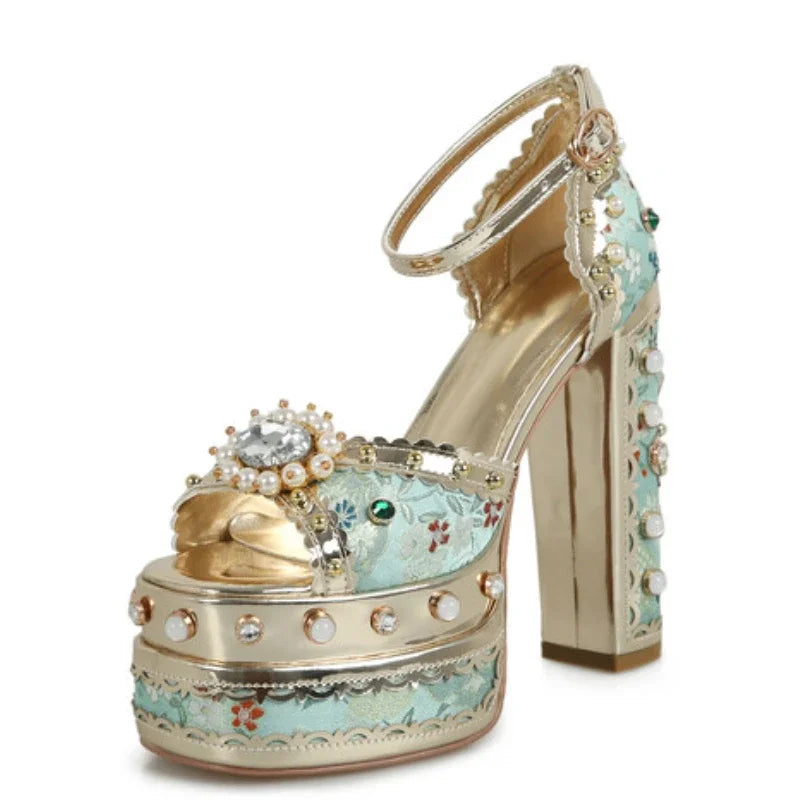 Light blue embellished platform stiletto heels with pearl and gemstone details