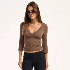 V Neck Three Quarter Sleeve Crop Top
