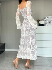 Lace-up Square Neck Print Long Sleeve Lace Ankle Length Dress