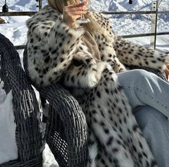 Long Belted Leopard Women Overcoats Fluffy Fox Fur Jacket