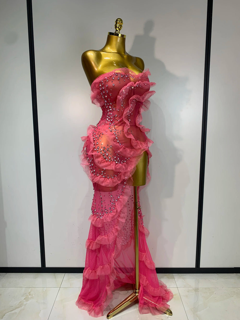Strapless ruffled diamond dress side view