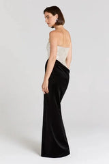 Strapless Sequined Slit Velvet Maxi Dress