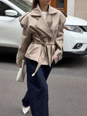 Belted double-breasted jacket with shawl collar and cinched waist