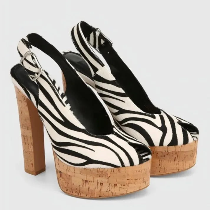 Zebra print platform cork heel slingback heels