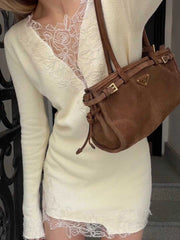 Lace V Neck Long Sleeve Mini Dress