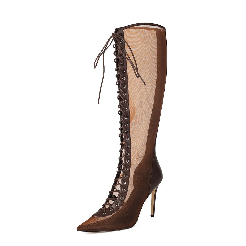 Brown knee-high boot with lace-up design