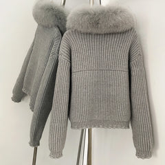Fur Trimmed Ribbed Knit Jacket