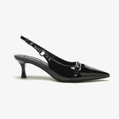 A of black kitten heel sandals with a pointed toe and buckle strap, on a white background. Golden Atelier 4