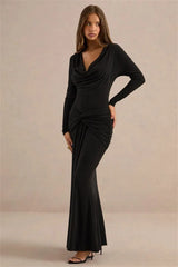 Draped Cowl Neck Long Sleeve Maxi Dress