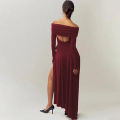 Woman wearing an Off the Shoulder Bow Long Sleeve Split Dress