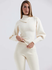 Polo Neck Top and Elastic long Pant 2 pcs Sweater Suit