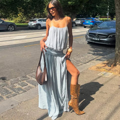 Pale blue maxi dress with spaghetti straps, empire waist, and thigh slit