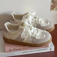 Lace Trim Ribbon Lace Up Sneakers