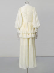 White Stand Collar Lantern Sleeve Maxi Dress